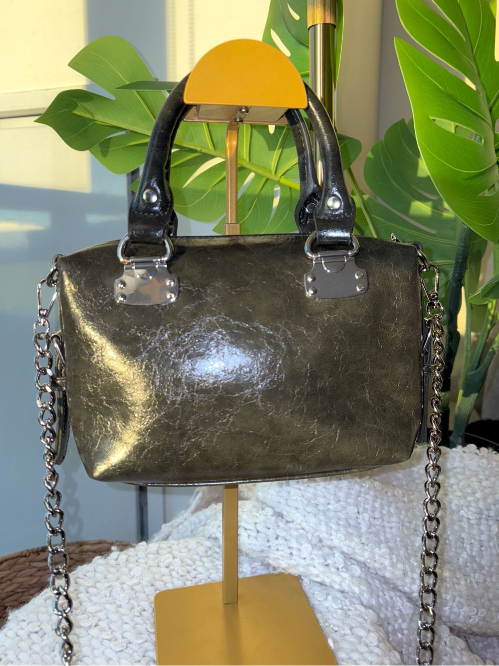 Urban Outfitters Olive Green Distressed Mini Satchel Crossbody Bag Silver Chain